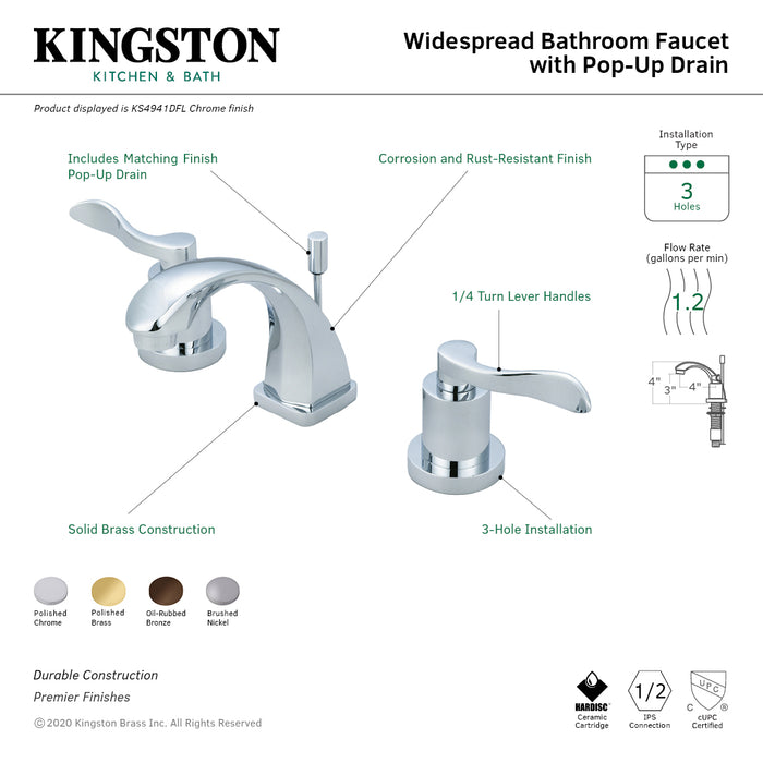 NuWave KS4942DFL Two-Handle 3-Hole Deck Mount Widespread Bathroom Faucet with Brass Pop-Up Drain, Polished Brass