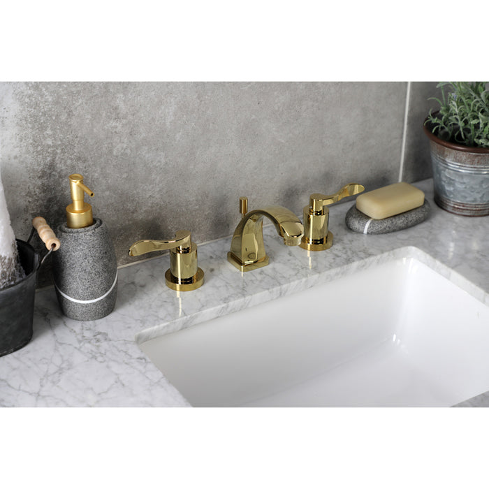 NuWave KS4942DFL Two-Handle 3-Hole Deck Mount Widespread Bathroom Faucet with Brass Pop-Up Drain, Polished Brass