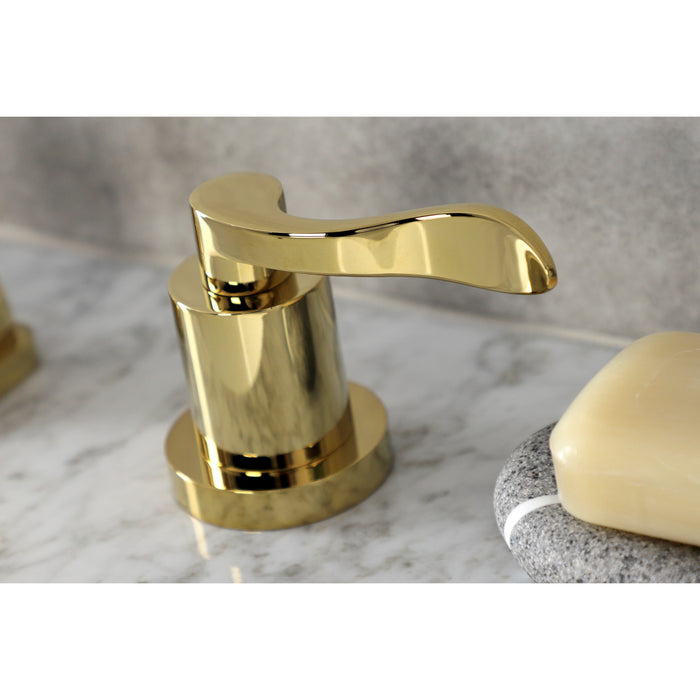 NuWave KS4942DFL Two-Handle 3-Hole Deck Mount Widespread Bathroom Faucet with Brass Pop-Up Drain, Polished Brass