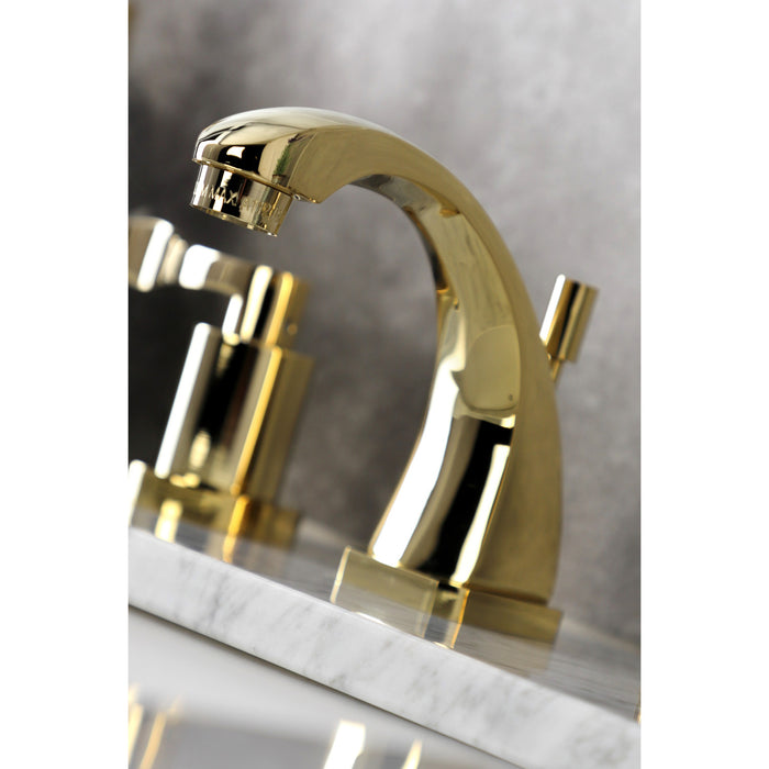 NuWave KS4942DFL Two-Handle 3-Hole Deck Mount Widespread Bathroom Faucet with Brass Pop-Up Drain, Polished Brass