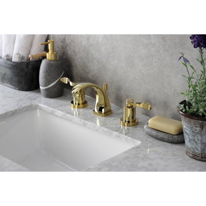 NuWave KS4942DFL Two-Handle 3-Hole Deck Mount Widespread Bathroom Faucet with Brass Pop-Up Drain, Polished Brass