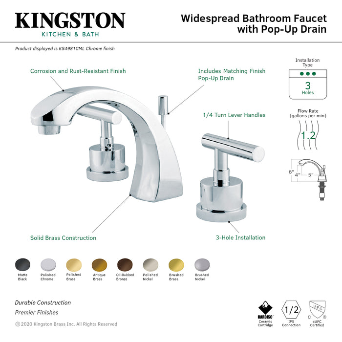 Manhattan KS4980CML Two-Handle 3-Hole Deck Mount Widespread Bathroom Faucet with Brass Pop-Up Drain, Matte Black