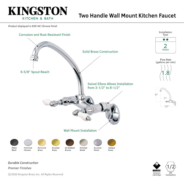 Kingston KS514PB Two-Handle 2-Hole Wall Mount Kitchen Faucet, Polished Brass