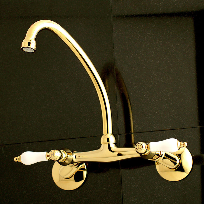 Kingston KS514PB Two-Handle 2-Hole Wall Mount Kitchen Faucet, Polished Brass