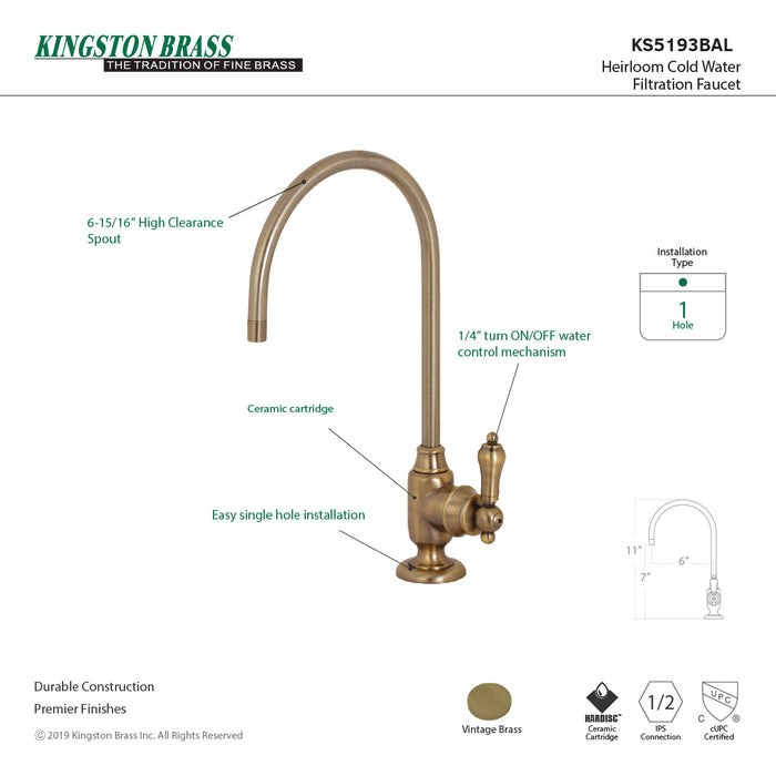 Heirloom KS5193BAL Single-Handle 1-Hole Deck Mount Water Filtration Faucet, Antique Brass