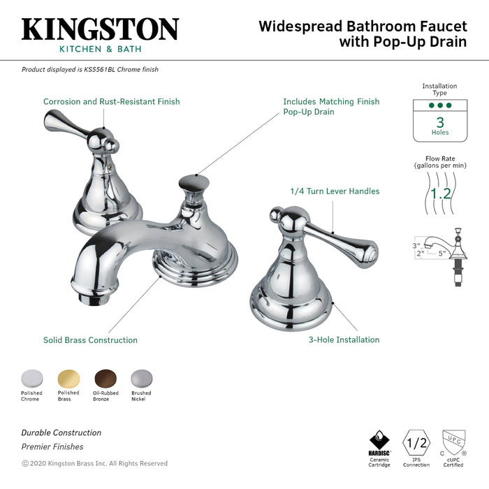 KS5561BL Two-Handle 3-Hole Deck Mount Widespread Bathroom Faucet with Brass Pop-Up Drain, Polished Chrome