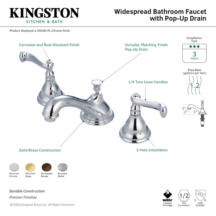 Royale KS5562FL Two-Handle 3-Hole Deck Mount Widespread Bathroom Faucet with Brass Pop-Up Drain, Polished Brass