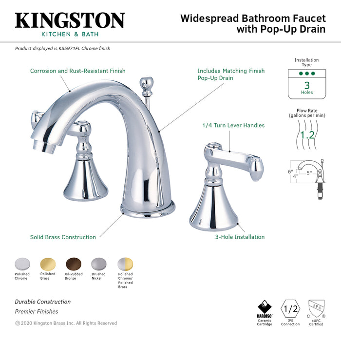 Royale KS5972FL Two-Handle 3-Hole Deck Mount Widespread Bathroom Faucet with Brass Pop-Up Drain, Polished Brass