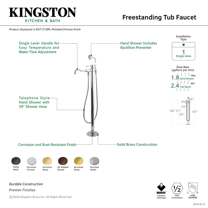 Paris KS7130DPL Single-Handle 1-Hole Freestanding Tub Faucet with Hand Shower, Matte Black