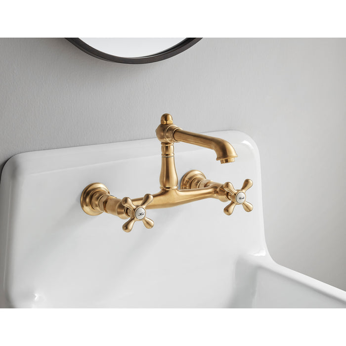 English Country KS7247AX Two-Handle 2-Hole Wall Mount Bathroom Faucet, Brushed Brass