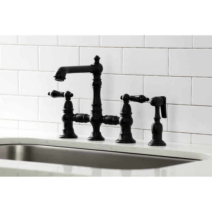 Duchess KS7270PKLBS Two-Handle 4-Hole Deck Mount Bridge Kitchen Faucet with Brass Side Sprayer, Matte Black