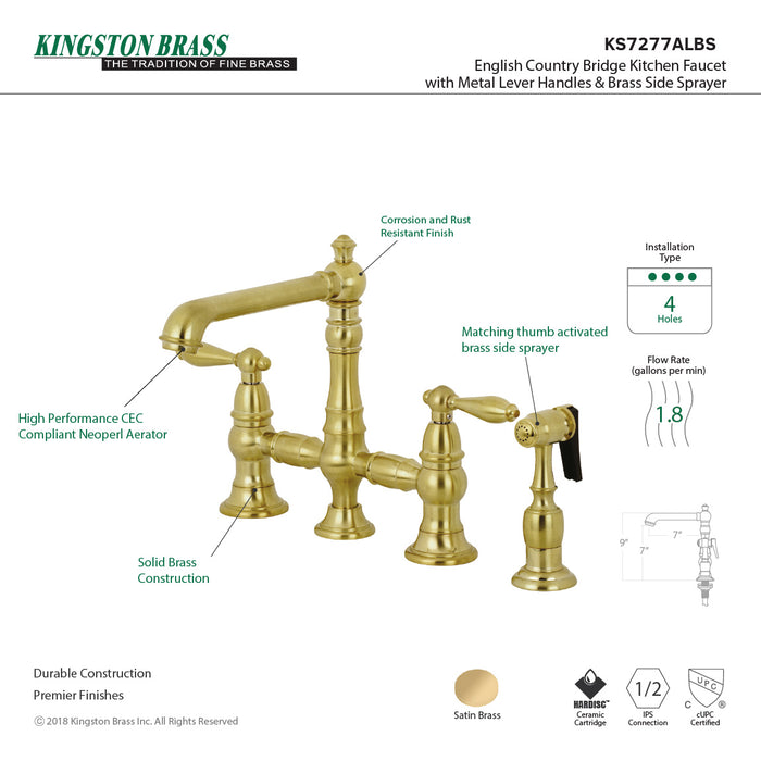 English Country KS7277ALBS Two-Handle 4-Hole Deck Mount Bridge Kitchen Faucet with Brass Side Sprayer, Brushed Brass