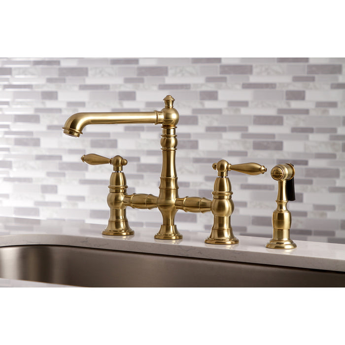 English Country KS7277ALBS Two-Handle 4-Hole Deck Mount Bridge Kitchen Faucet with Brass Side Sprayer, Brushed Brass