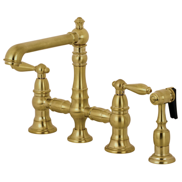 English Country KS7277ALBS Two-Handle 4-Hole Deck Mount Bridge Kitchen Faucet with Brass Side Sprayer, Brushed Brass