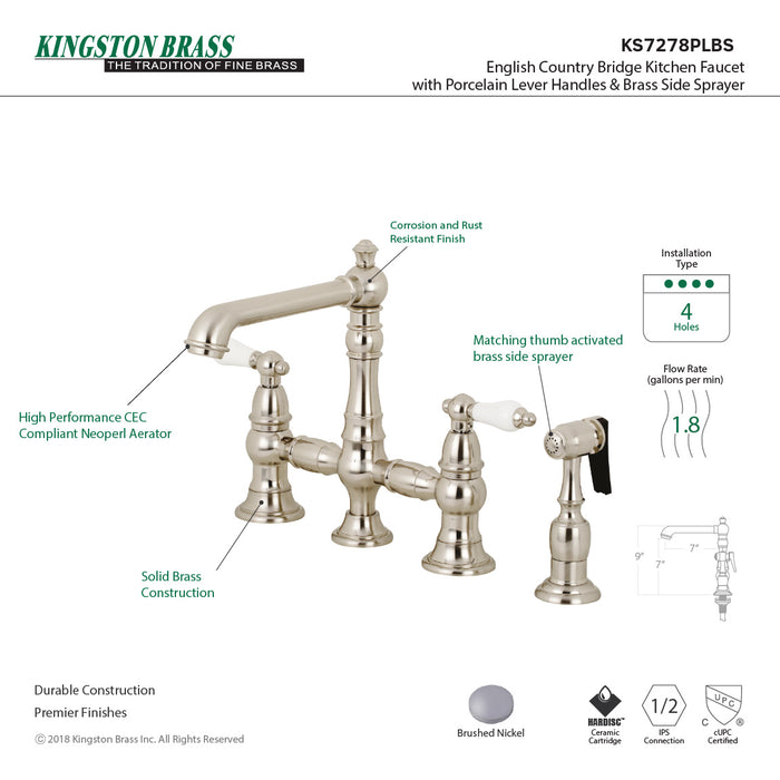 English Country KS7278PLBS Two-Handle 4-Hole Deck Mount Bridge Kitchen Faucet with Brass Side Sprayer, Brushed Nickel