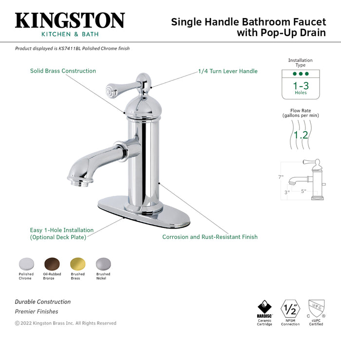 Paris KS7411BL One-Handle 1-Hole Bathroom Faucet with Deck Plate and Brass Pop-Up Drain, Polished Chrome