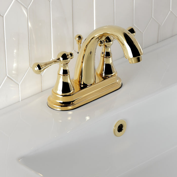 English Vintage KS7612BL Double-Handle 3-Hole Deck Mount 4-Inch Centerset Bathroom Faucet with Brass Pop-Up, Polished Brass