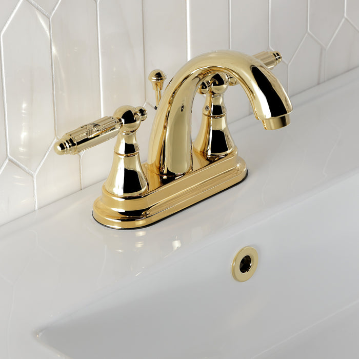 Georgian KS7612GL Two-Handle 3-Hole Deck Mount 4" Centerset Bathroom Faucet with Brass Pop-Up, Polished Brass