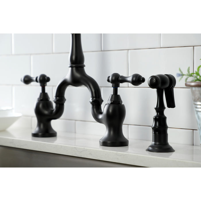 English Country KS7750ALBS Two-Handle 3-Hole Deck Mount Bridge Kitchen Faucet with Brass Side Sprayer, Matte Black