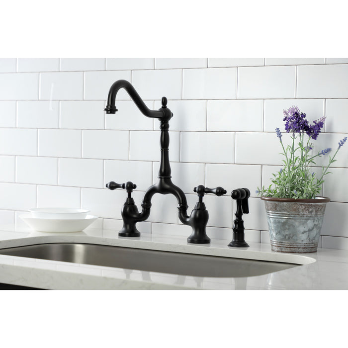 English Country KS7750ALBS Two-Handle 3-Hole Deck Mount Bridge Kitchen Faucet with Brass Side Sprayer, Matte Black