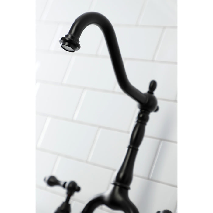 English Country KS7750ALBS Two-Handle 3-Hole Deck Mount Bridge Kitchen Faucet with Brass Side Sprayer, Matte Black