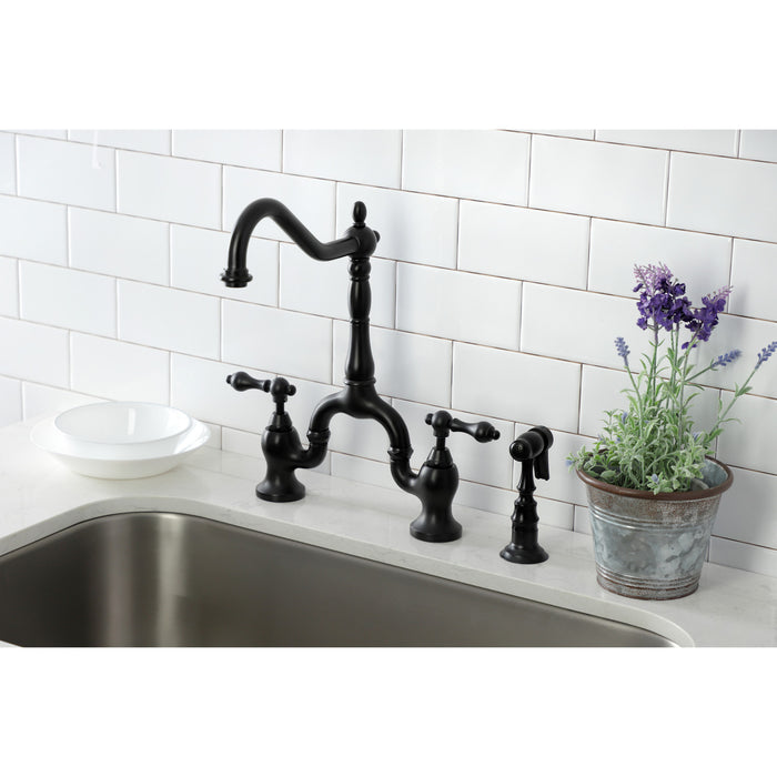 English Country KS7750ALBS Two-Handle 3-Hole Deck Mount Bridge Kitchen Faucet with Brass Side Sprayer, Matte Black