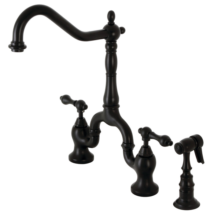 English Country KS7750ALBS Two-Handle 3-Hole Deck Mount Bridge Kitchen Faucet with Brass Side Sprayer, Matte Black