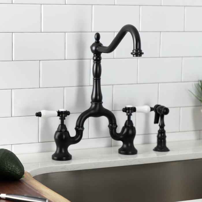 Bel-Air KS7750BPLBS Two-Handle 3-Hole Deck Mount Bridge Kitchen Faucet with Brass Side Sprayer, Matte Black