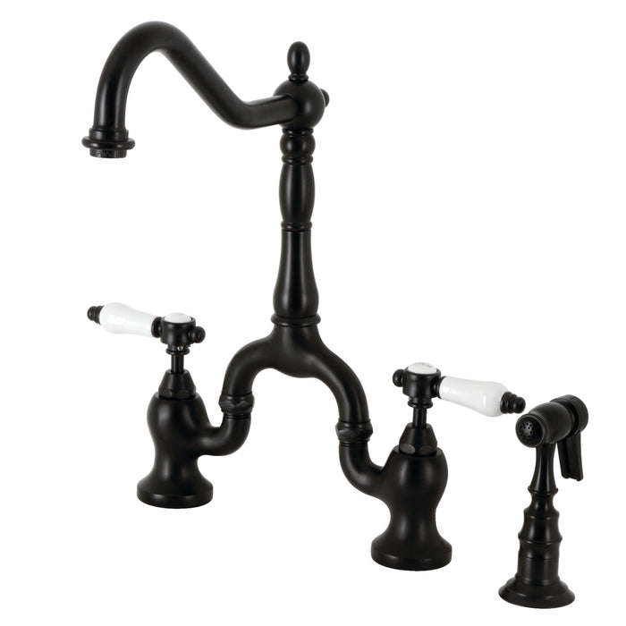 Bel-Air KS7750BPLBS Two-Handle 3-Hole Deck Mount Bridge Kitchen Faucet with Brass Side Sprayer, Matte Black