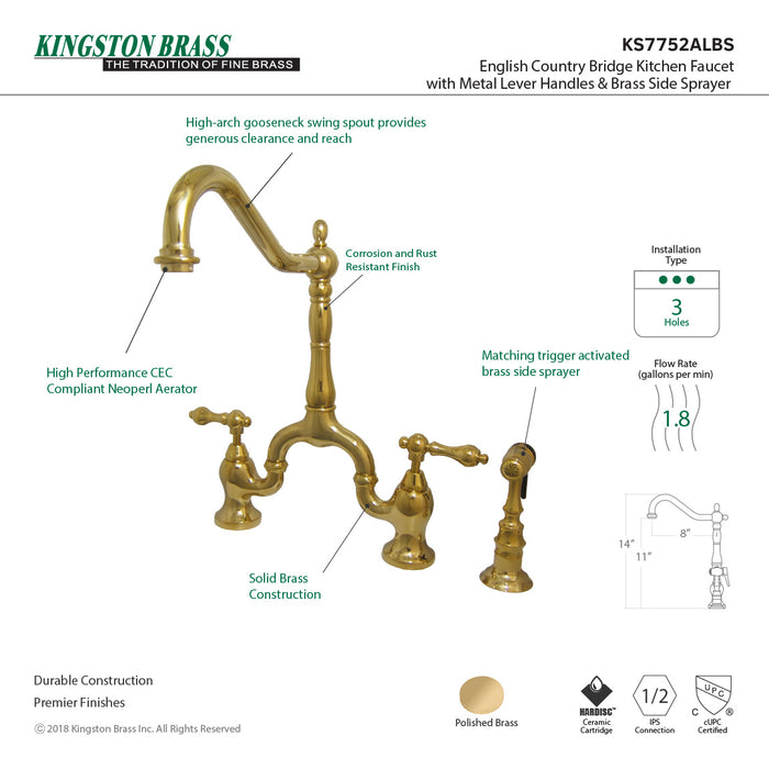 English Country KS7752ALBS Two-Handle 3-Hole Deck Mount Bridge Kitchen Faucet with Brass Side Sprayer, Polished Brass