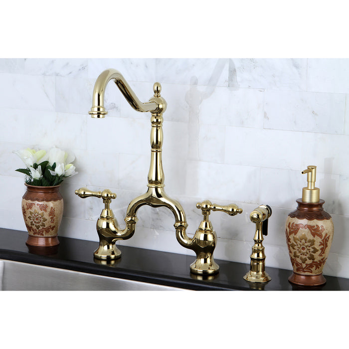 English Country KS7752ALBS Two-Handle 3-Hole Deck Mount Bridge Kitchen Faucet with Brass Side Sprayer, Polished Brass