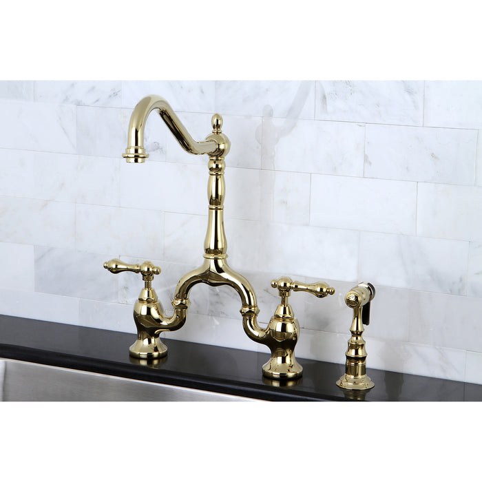 English Country KS7752ALBS Two-Handle 3-Hole Deck Mount Bridge Kitchen Faucet with Brass Side Sprayer, Polished Brass