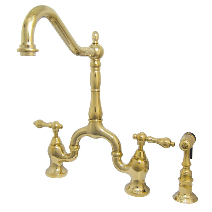 English Country KS7752ALBS Two-Handle 3-Hole Deck Mount Bridge Kitchen Faucet with Brass Side Sprayer, Polished Brass