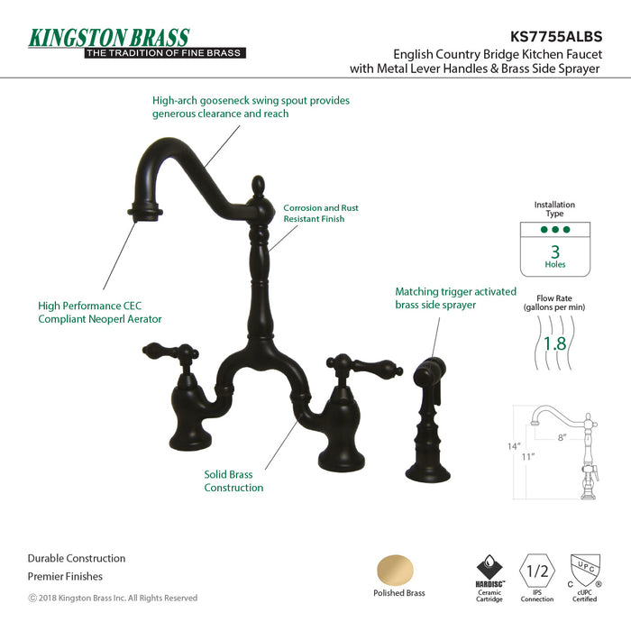 English Country KS7755ALBS Two-Handle 3-Hole Deck Mount Bridge Kitchen Faucet with Brass Side Sprayer, Oil Rubbed Bronze