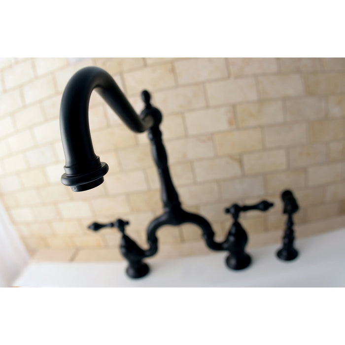 English Country KS7755ALBS Two-Handle 3-Hole Deck Mount Bridge Kitchen Faucet with Brass Side Sprayer, Oil Rubbed Bronze