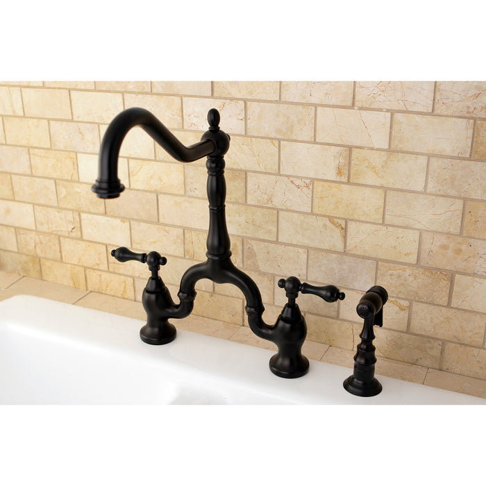 English Country KS7755ALBS Two-Handle 3-Hole Deck Mount Bridge Kitchen Faucet with Brass Side Sprayer, Oil Rubbed Bronze