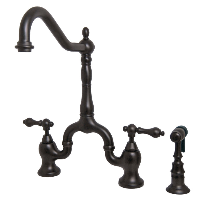 English Country KS7755ALBS Two-Handle 3-Hole Deck Mount Bridge Kitchen Faucet with Brass Side Sprayer, Oil Rubbed Bronze