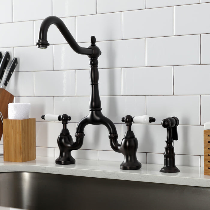 English Country KS7755PLBS Two-Handle 3-Hole Deck Mount Bridge Kitchen Faucet with Brass Side Sprayer, Oil Rubbed Bronze