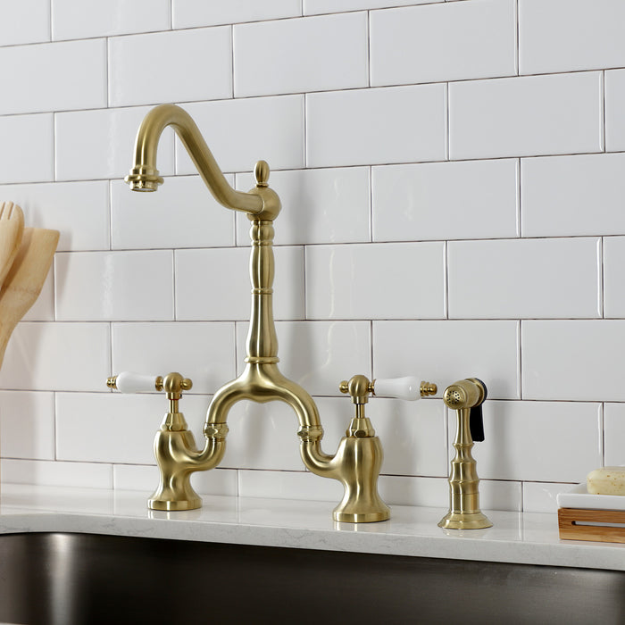 English Country KS7757PLBS Two-Handle 3-Hole Deck Mount Bridge Kitchen Faucet with Brass Side Sprayer, Brushed Brass