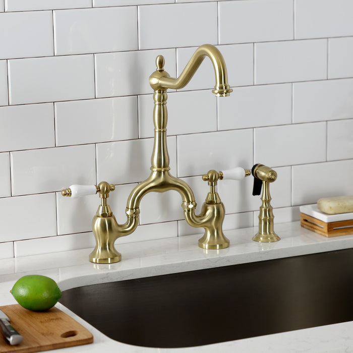 English Country KS7757PLBS Two-Handle 3-Hole Deck Mount Bridge Kitchen Faucet with Brass Side Sprayer, Brushed Brass