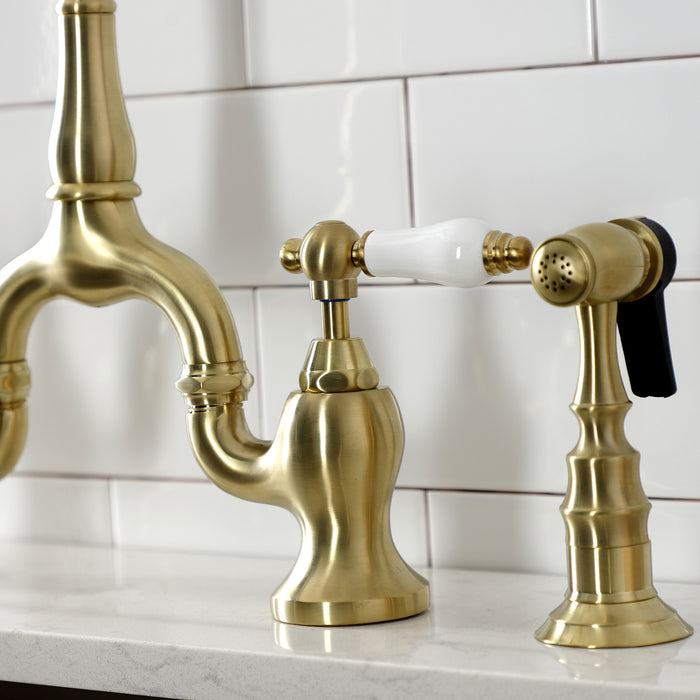 English Country KS7757PLBS Two-Handle 3-Hole Deck Mount Bridge Kitchen Faucet with Brass Side Sprayer, Brushed Brass