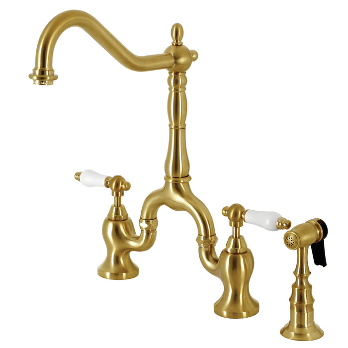 English Country KS7757PLBS Two-Handle 3-Hole Deck Mount Bridge Kitchen Faucet with Brass Side Sprayer, Brushed Brass