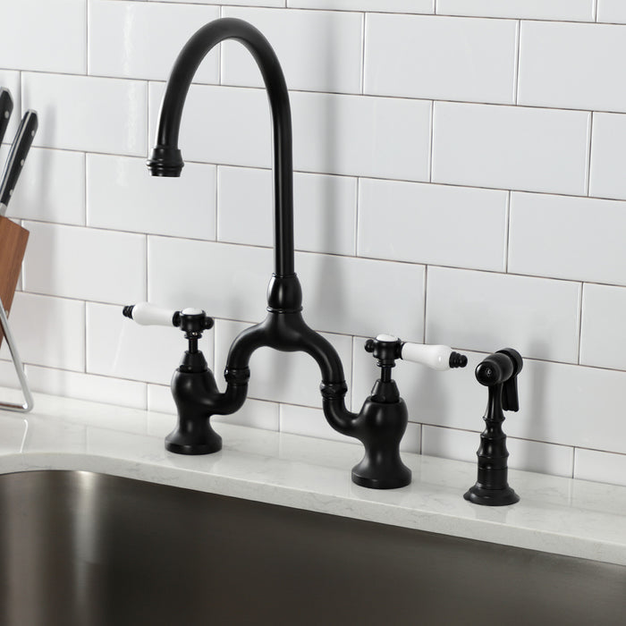 Bel-Air KS7790BPLBS Two-Handle 3-Hole Deck Mount Bridge Kitchen Faucet with Brass Side Sprayer, Matte Black