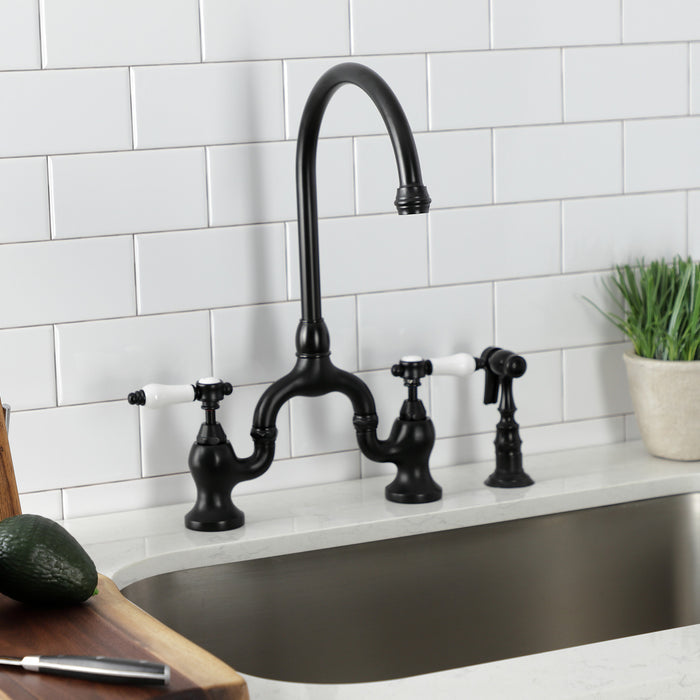 Bel-Air KS7790BPLBS Two-Handle 3-Hole Deck Mount Bridge Kitchen Faucet with Brass Side Sprayer, Matte Black