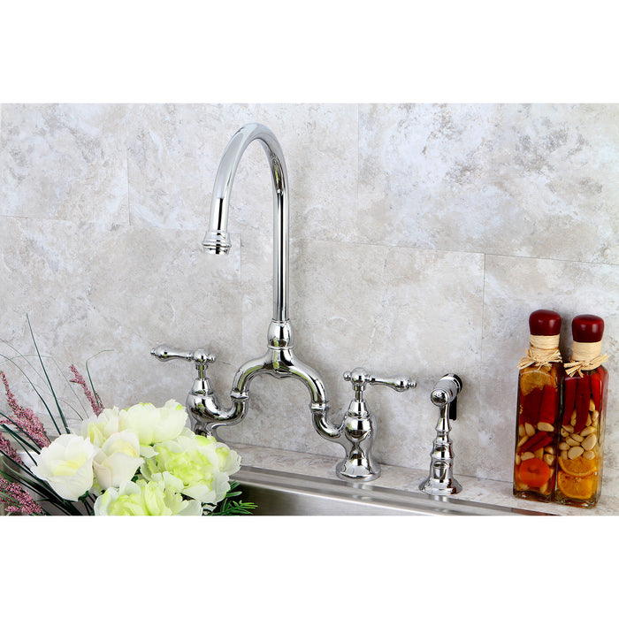 English Country KS7791ALBS Two-Handle 3-Hole Deck Mount Bridge Kitchen Faucet with Brass Side Sprayer, Polished Chrome