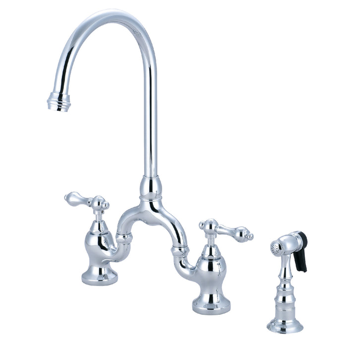 English Country KS7791ALBS Two-Handle 3-Hole Deck Mount Bridge Kitchen Faucet with Brass Side Sprayer, Polished Chrome