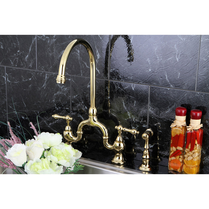 English Country KS7792ALBS Two-Handle 3-Hole Deck Mount Bridge Kitchen Faucet with Brass Side Sprayer, Polished Brass