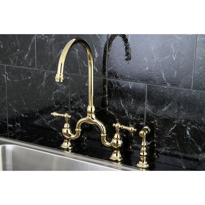 English Country KS7792ALBS Two-Handle 3-Hole Deck Mount Bridge Kitchen Faucet with Brass Side Sprayer, Polished Brass