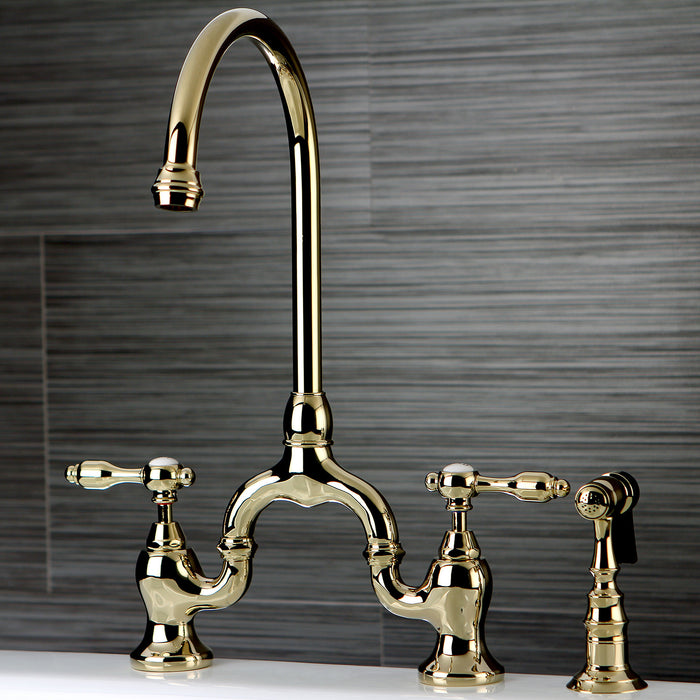 Tudor KS7792TALBS Two-Handle 3-Hole Deck Mount Bridge Kitchen Faucet with Brass Side Sprayer, Polished Brass