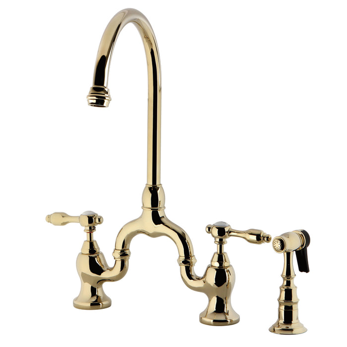 Tudor KS7792TALBS Two-Handle 3-Hole Deck Mount Bridge Kitchen Faucet with Brass Side Sprayer, Polished Brass